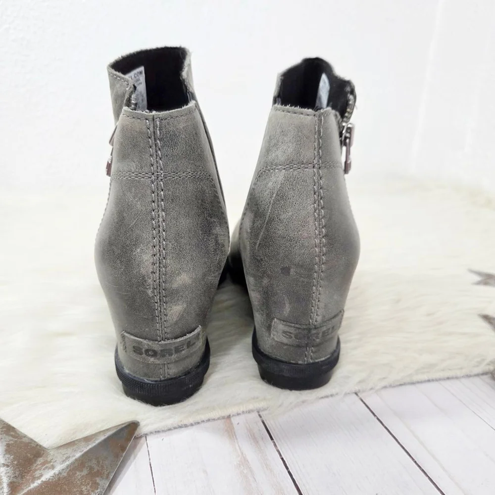 Sorel Joan of Arctic II Wedge Zip Bootie gray distress leather Women's Size 9.5